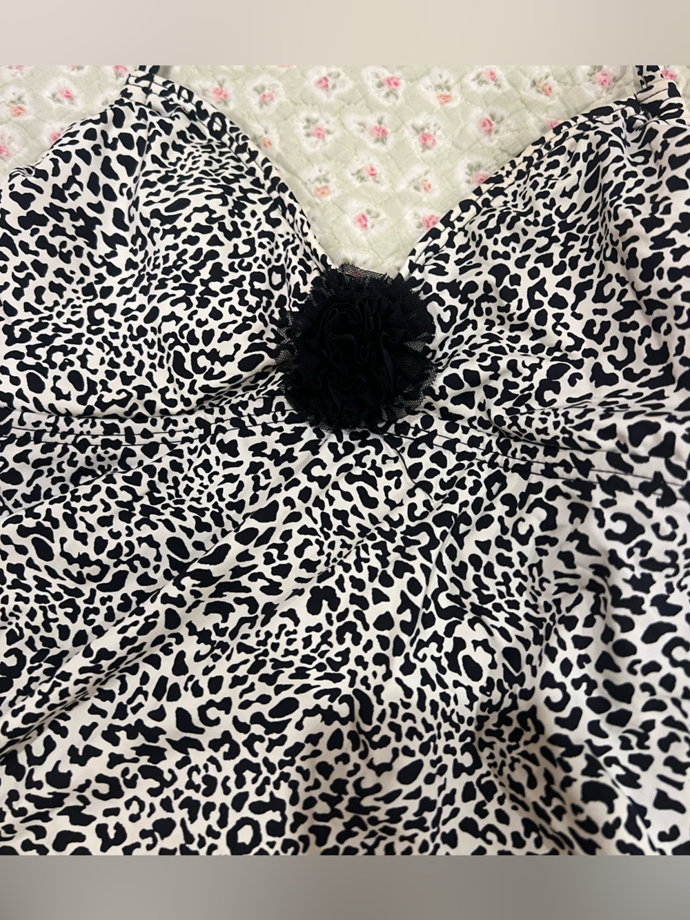Kenneth Cole Black and White Leopard Print Dress with Black Rosette